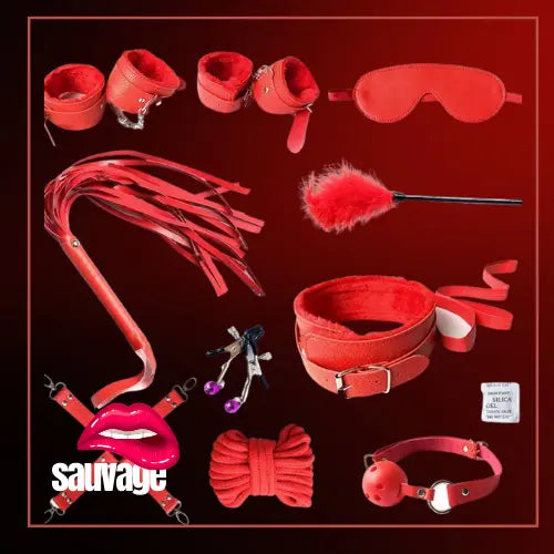 סט אביזרי סאדו לזוגות. 10 חלקים אדום